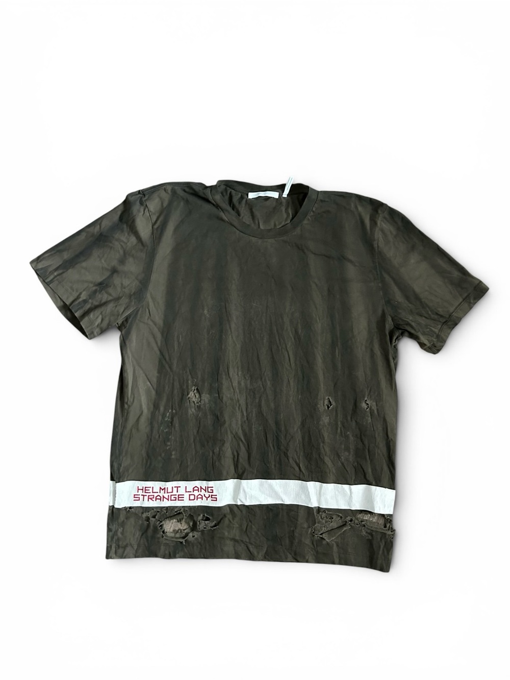 Helmut Lang Distressed Tee with White Stripe and Red Logo STRANGE DAYS